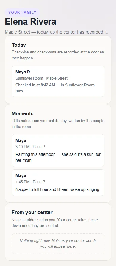 The parent app: one child's day — checked in, lunch, nap — as the center recorded it